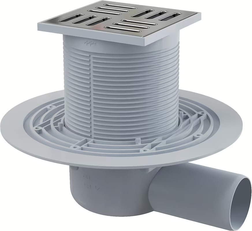 Talni sifon Alca APV101 z rešetko iz nerjavnega jekla 102×102×4 mm in stranskim priklopom na odtok Ø50 mm.