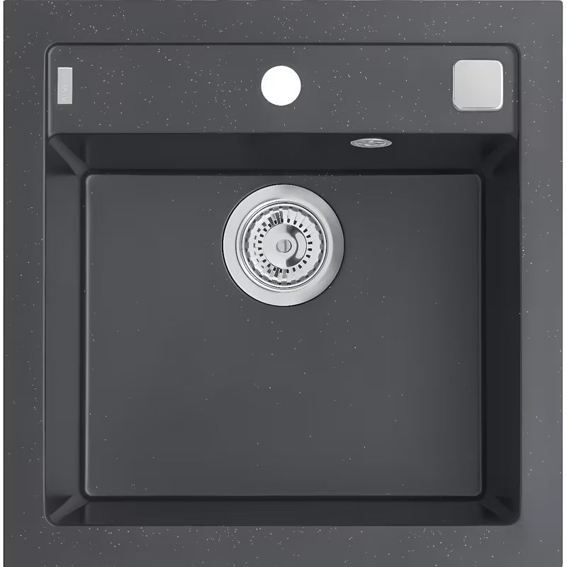 Antracitno granitno pomivalno korito Alveus 521 x 510 mm z ekscentričnim upravljanjem odtoka.