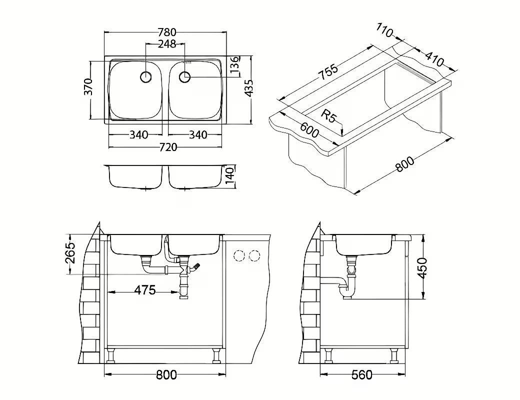 Nehrđajući vgradni kuhinjski dvojno korito Alveus Basic 160 bez ocjeđivača s dvije posude
