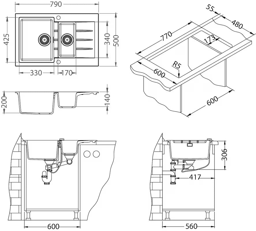 Crni granitni pomivalno korito Alveus Cadit 70 / 91 s kadjo s ocjeđivačem za delovni pult.