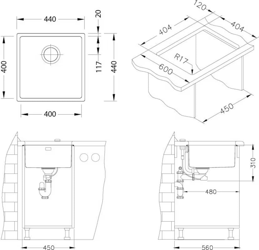 Inox pomivalno korito Alveus Kombino 30 bez ocjeđivača s ekscentričnim sitastim odvodom s preljevom