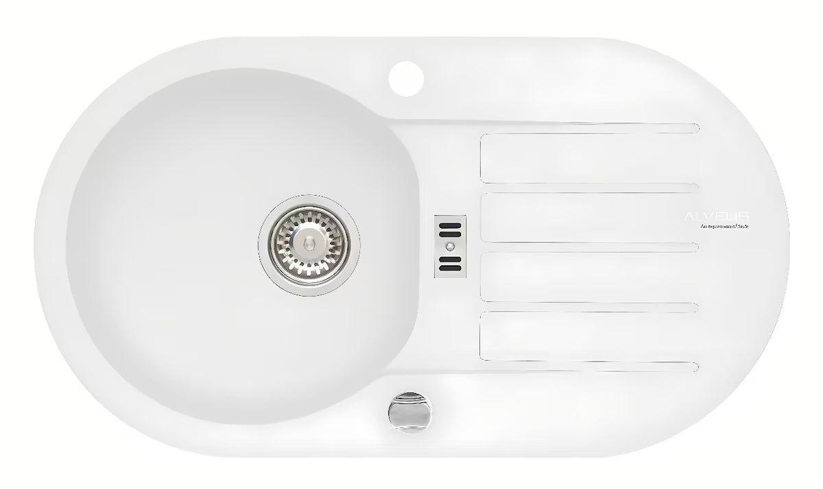 Bijeli granitni pomivalno korito Alveus Niagara 40 z odcejalnikom pro za delovni pult ugradnju.