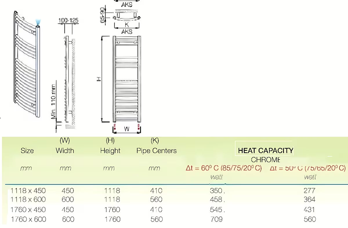 Kombiniran kopalniški radiator Anima Marcus 450x1760 mm v krom izvedbi z ukrivljenim profilom.