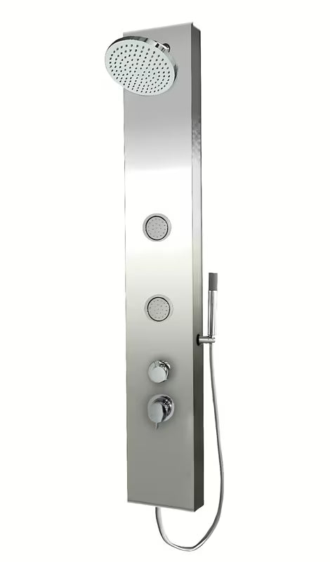 Tuš panel Anima Primeshower z enoročnim mešalnikom, zgornjo deževno prho, ročno prho in masažnimi šobami.