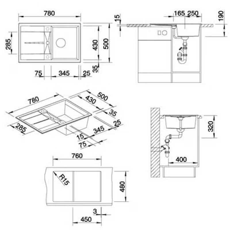 Blanco Metra 45 S granitni pomivalno korito z odcejalnikom, antracit, ugradnja odozgo