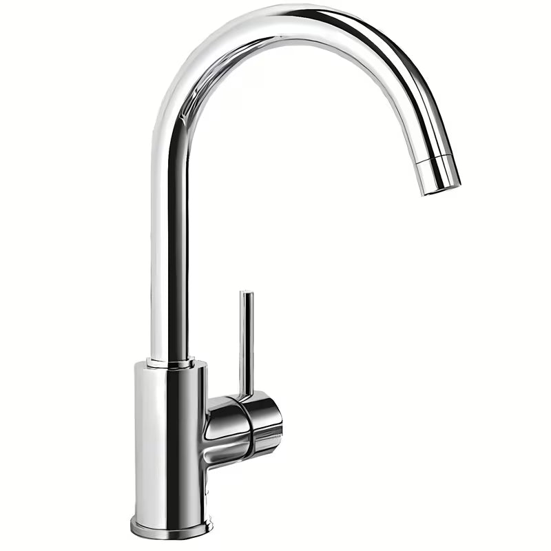 Kromirana enoročna stoječa armatura za pomivalno korito Blanco Mida s sa zakretnim izljevom i zaobljenim dizajnom.
