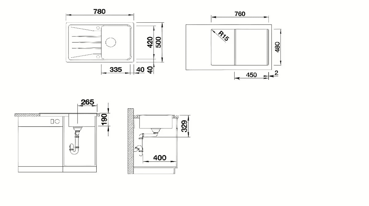 Granitni pomivalno korito Blanco Sona 45 S ocjednom plohom, ugradnja odozgo, boja kava.
