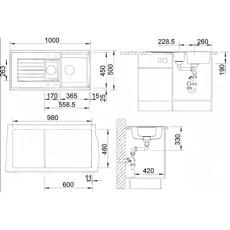 Granitni pomivalno korito Blanco Zia 6 S u antracit boji s kadjo s ocjednom plohom