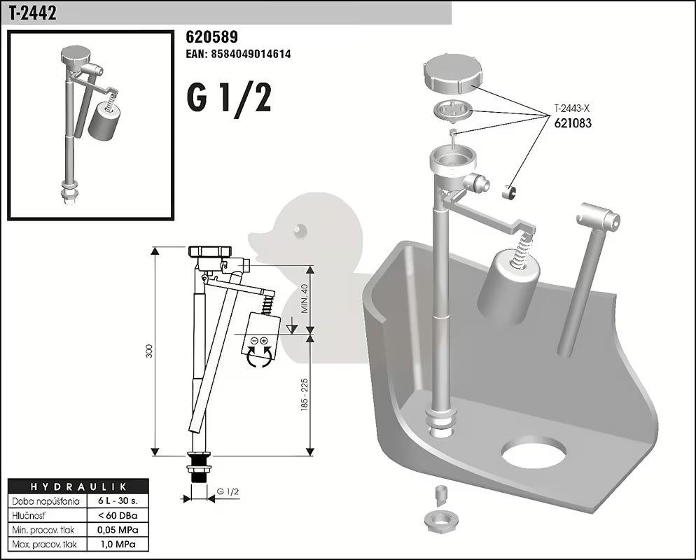 Polnilni ventil Falcon T 2442 pro vodokotlić s tihim radom i podesivom razinom vode