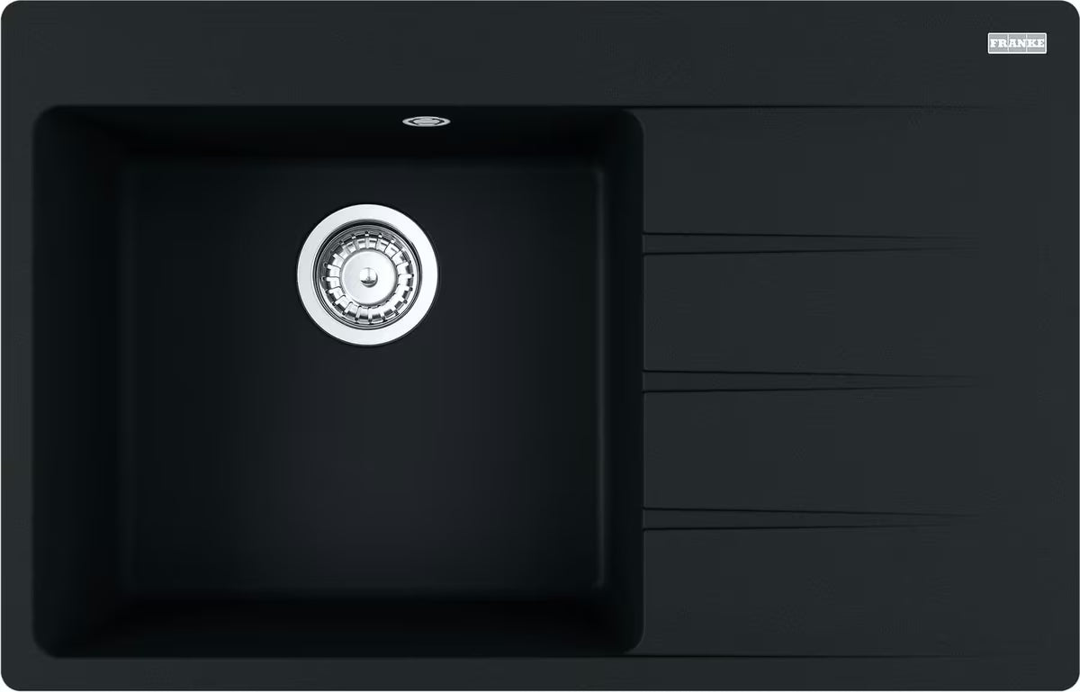 Granitni pomivalno korito Franke s ocjeđivačem, lijeva izvedba, crna mat Onyx, ugradnja odozgo.