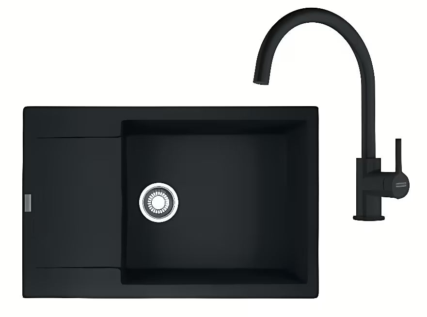 Kuhinjski set Franke s fragranitnim sudoperom s ocjednom plohom i jednoručnom slavinom Lina u mat crnoj boji