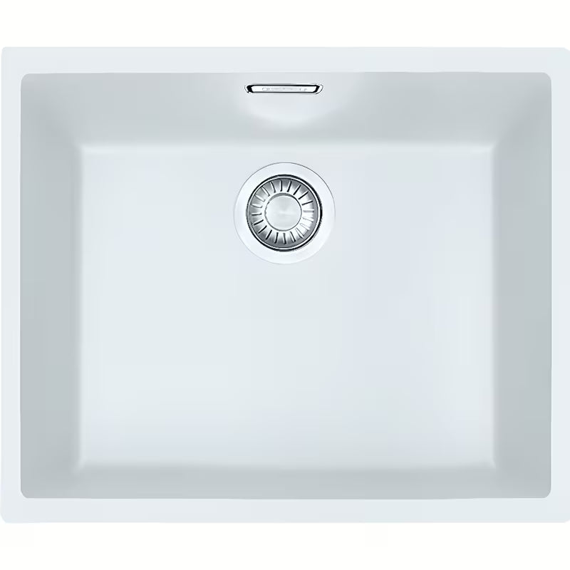 Belo kuhinjsko enojno korito Franke Sid110-50 iz Tectonite pro za zgornjo montažo pod delovni pult s skritim prelivom.
