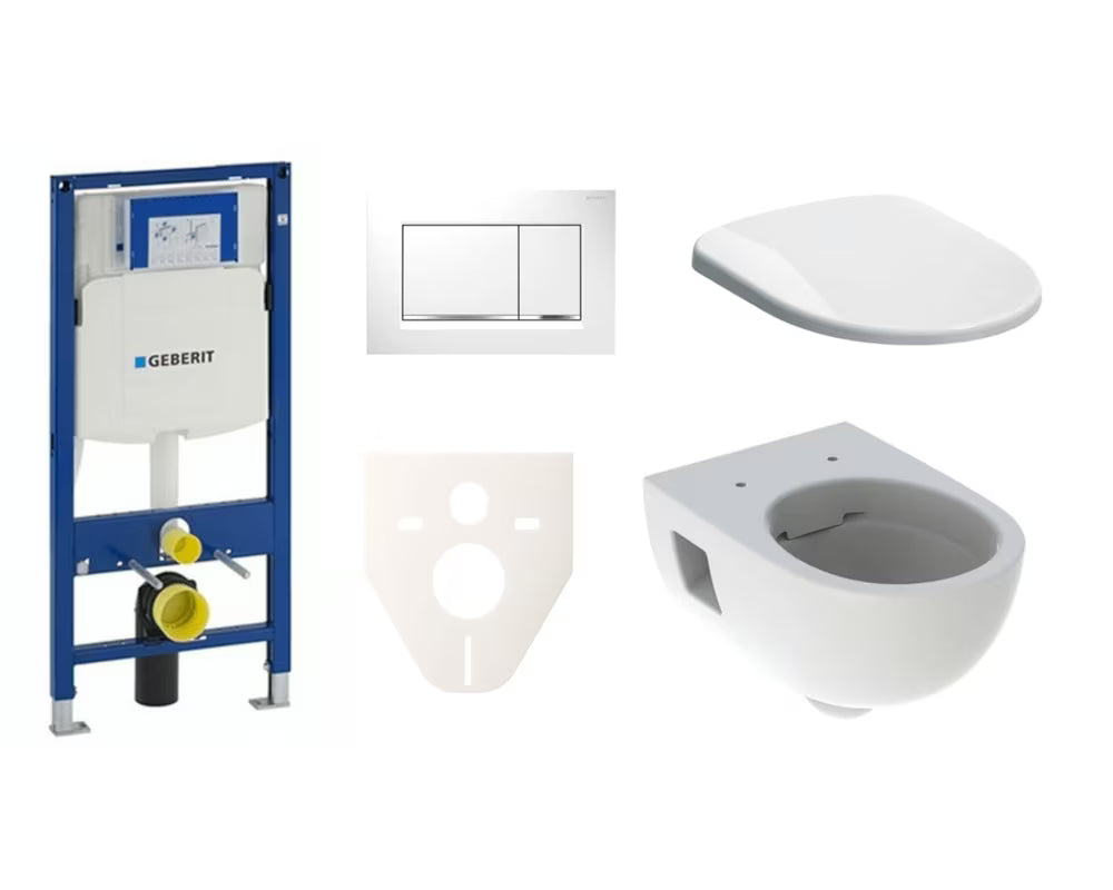 Viseči WC set Geberit Selnova z modulom Duofix, belo tipko in WC-desko z mehko Zapiranje Soft Close ter EasyLock