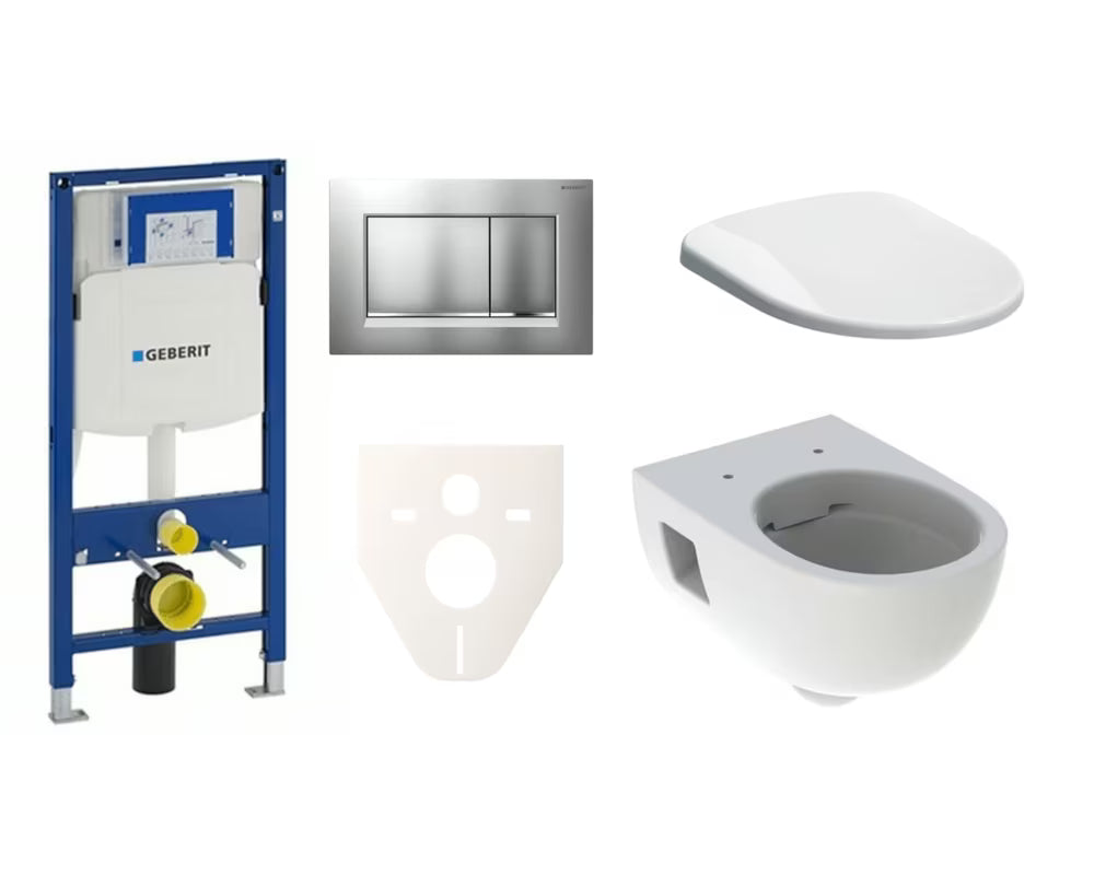 Viseči WC set Geberit Selnova z modulom Duofix, školjko Rimfree, WC-desko mehko Zapiranje Soft Close in tipko v mat kromu.