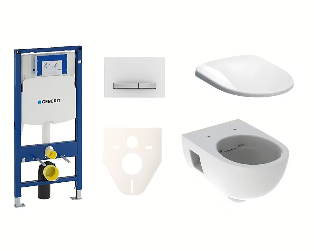 Viseči WC set Geberit Selnova z modulom Duofix, školjko Rimfree in WC-desko mehko Zapiranje Soft Close v beli barvi.
