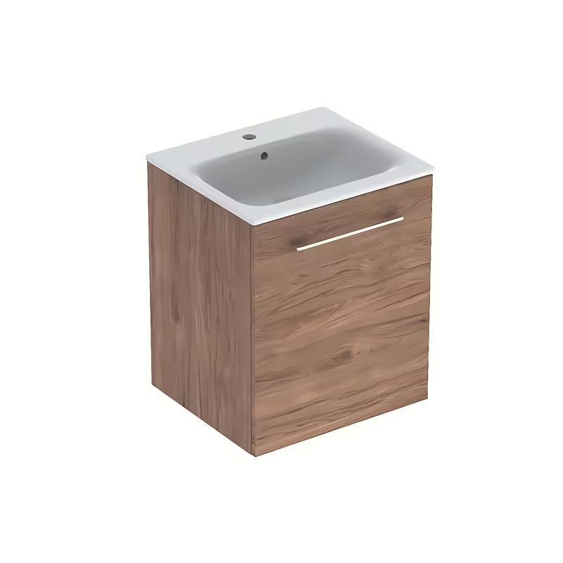 Viseča kopalniška omarica s keramičnim umivalnikom Geberit Selnova v dekorju oreh hickory.
