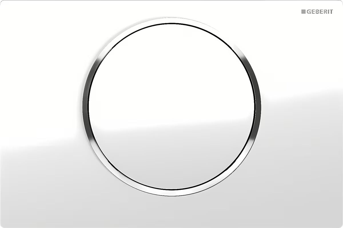 Bijela aktivirna tipka Geberit Sigma10 sa sjajno kromiranim prstenom pro ispiranje Start/Stop