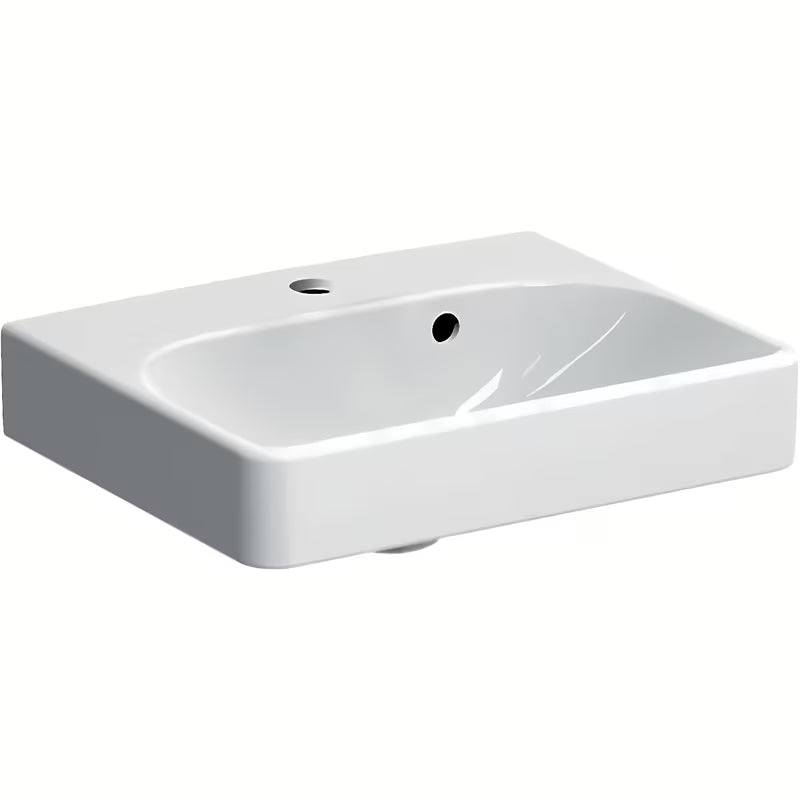 Bel keramični umivalnik Geberit Smyle Square 45x36 cm z odprtino za pro armaturo na sredini.