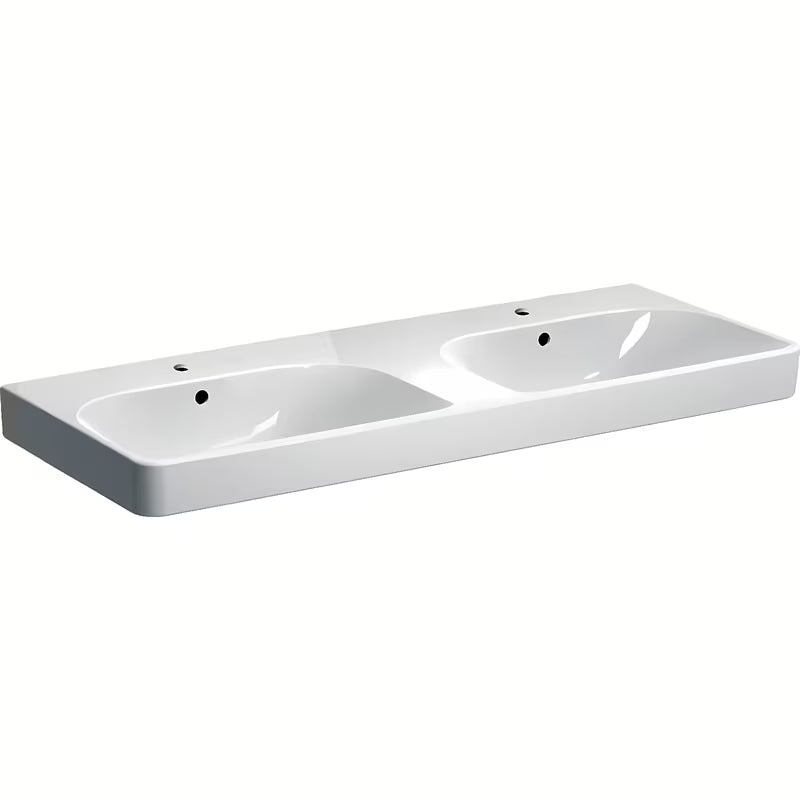 Geberit Smyle Square viseče dvojni umivalnik 120x48 cm iz bele sanitarne keramike z dvema koritoma