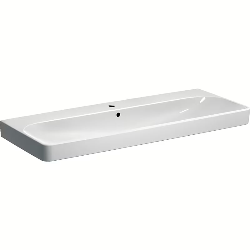 Beli viseče keramični umivalnik Geberit Smyle Square 120x48 cm z odprtino pro za armaturo na sredini.