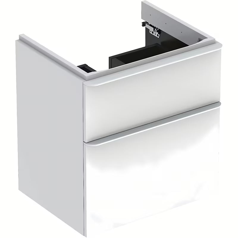 Bijela viseča omarica pod umivalnikom Geberit Smyle Square s lakiranom sjajnom površinom i ladicama sa mehko Zapiranje Soft Close.