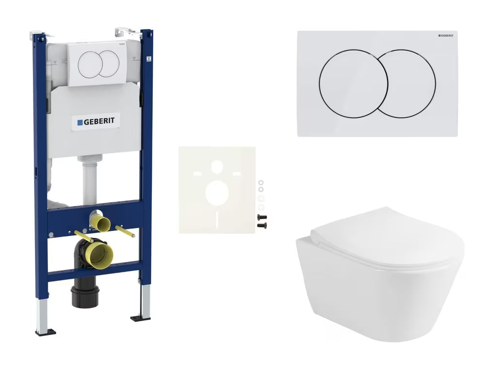 Viseči WC set Glacera Ava z inštalacijskim modulom Geberit in splakovalno tipko Delta v sijajni beli barvi.