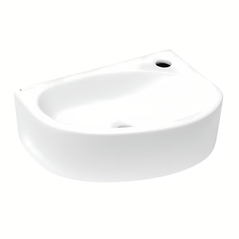 Bijeli kotno desni umivalnik Glacera Bigio 42x29,5 cm brez preliva s otvorom pro za slavinu desno.