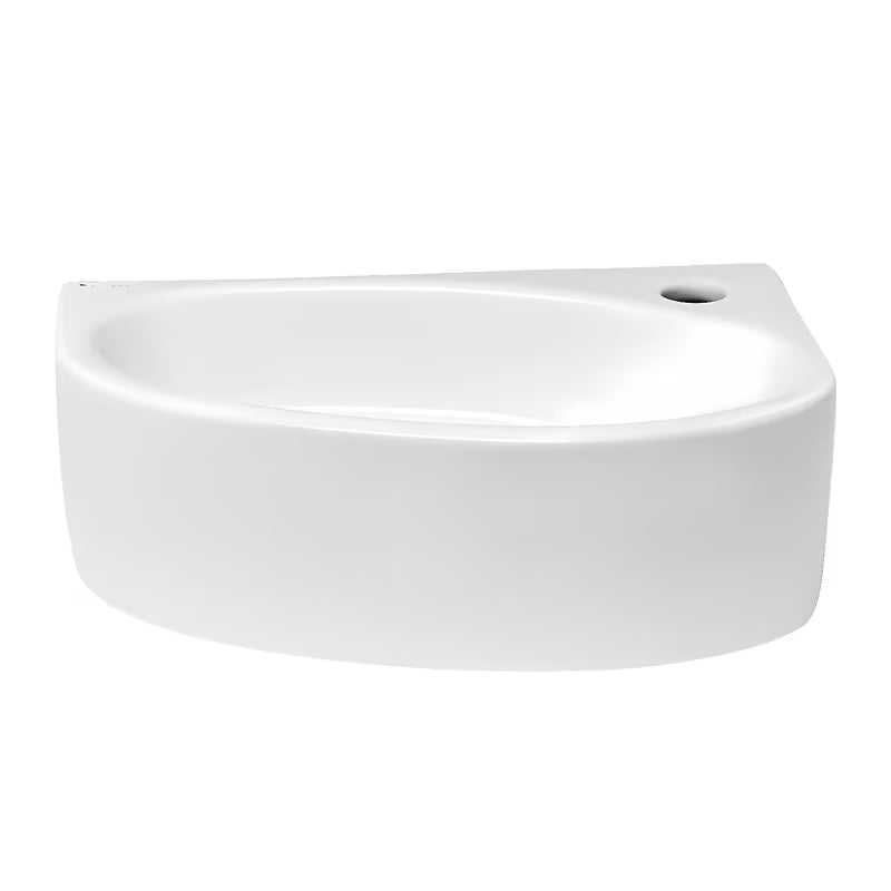 Bijeli kotno desni umivalnik Glacera Bigio 42x29,5 cm brez preliva s otvorom pro za slavinu desno.