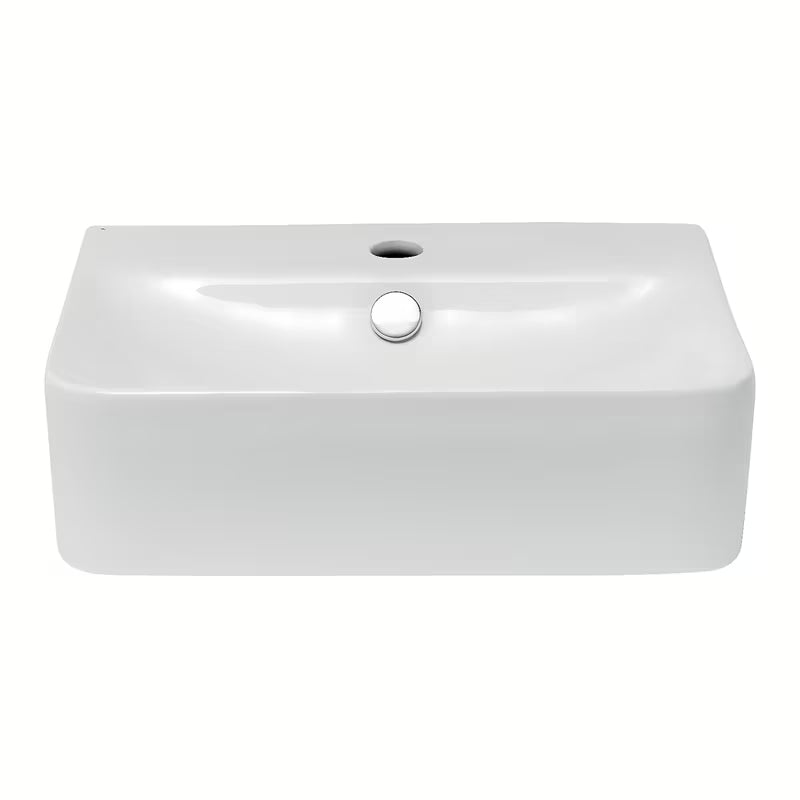 Bijeli keramički četvrtasti umivalnik Glacera Bigio s preljevom i otvorom pro za slavinu u sredini
