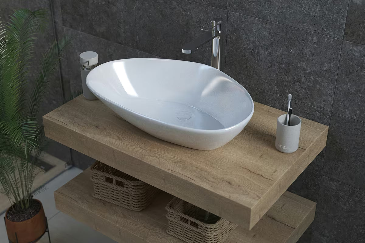 Bel keramični umivalnik na ploščo Glacera Vallone brez preliva v dimenziji 58,5x38,5 cm.