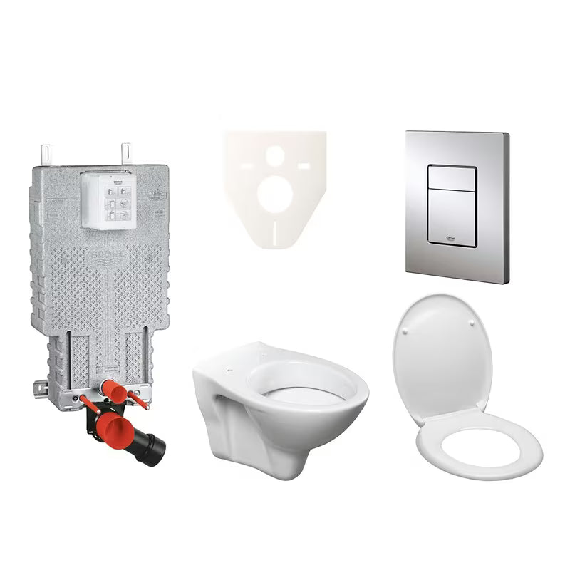 Viseči WC set S-Line Pro z modulom za vgradnjo v zid, WC školjka splakovalnikom Grohe, sedežem in tipko v sijajnem kromu