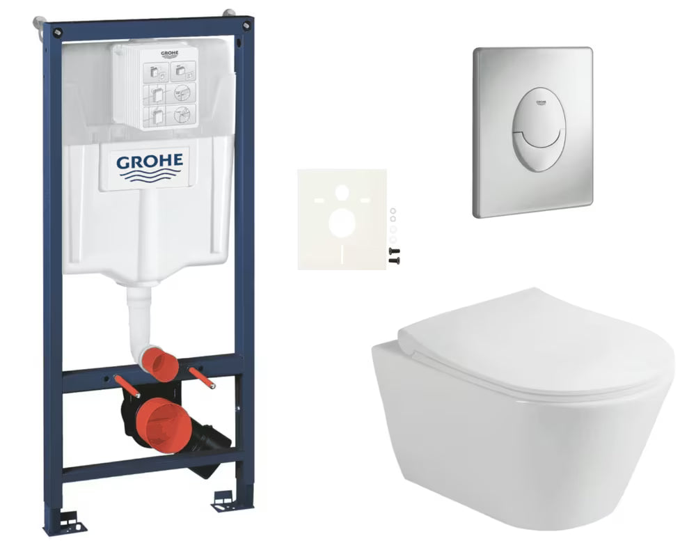Viseči WC set Glacera Ava z instalacijskim sistemom Grohe Rapid SL, tipko Skate Air in WC-desko mehko Zapiranje Soft Close