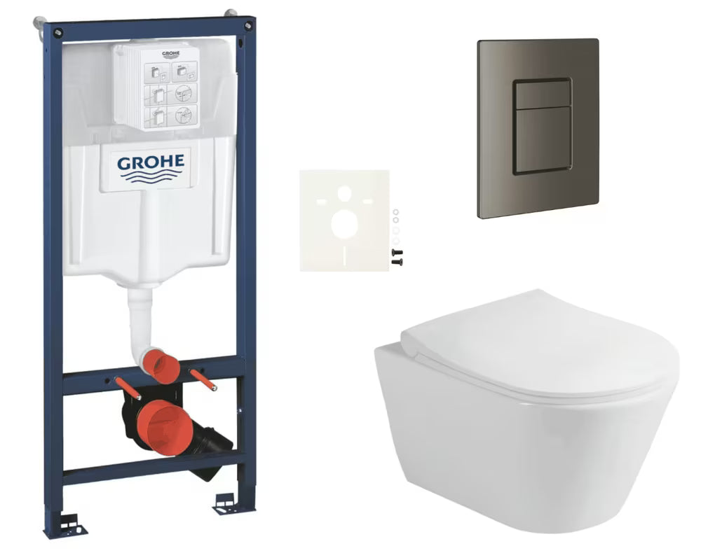 Viseči WC set Glacera Ava z inštalacijskim sistemom Grohe Rapid SL in splakovalno tipko Skate Cosmopolitan.
