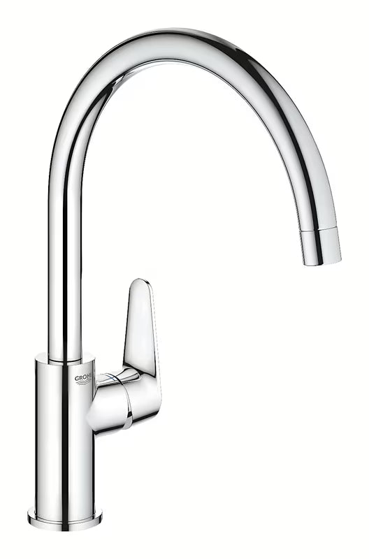 Kromirana armatura za pomivalno korito Grohe baucurve z visokim izlivom in vrtljivim izlivom 360°