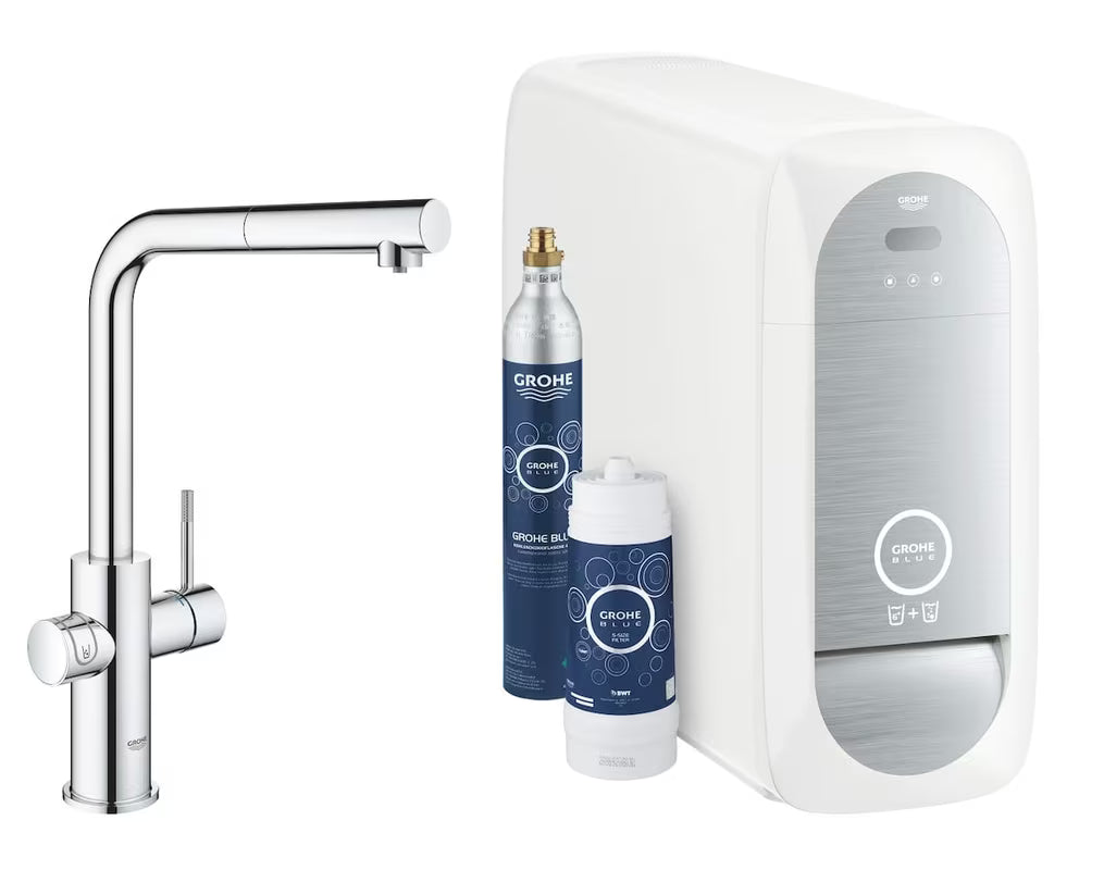 Kromirana kuhinjska armatura za pomivalno korito Grohe Blue Home Duo s filtrom, hlajenjem in izvlečnim perlatorjem