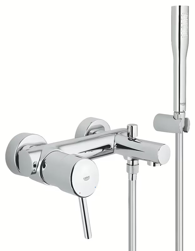 Kromirana stenska armatura za kad Grohe Concetto New s tuš setom in samodejnim preklopom kad/tuš.