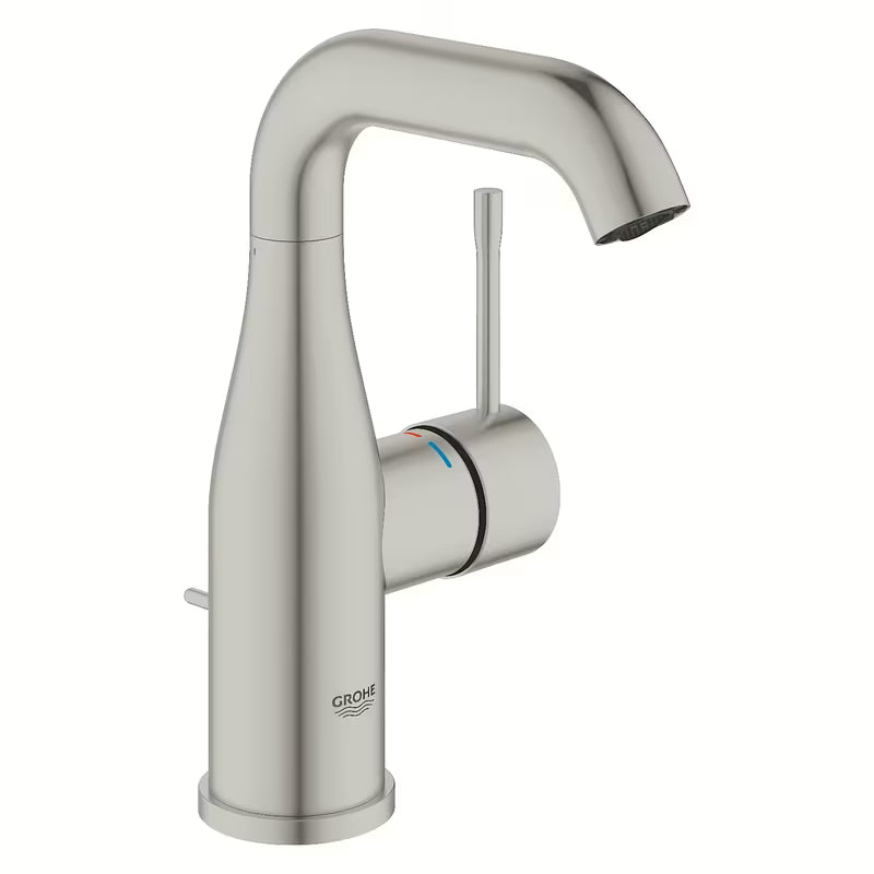 Umivalniška enoročna armatura Grohe Essence New z odtokom v izvedbi supersteel.