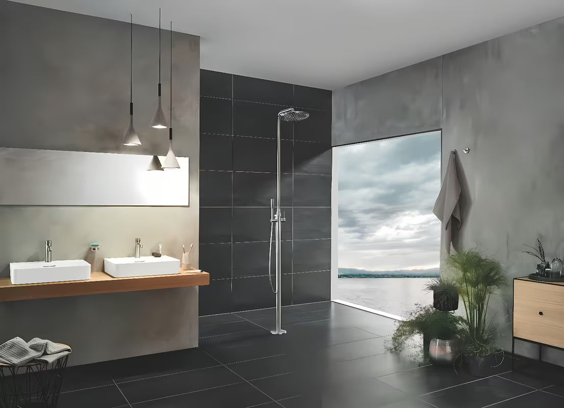 Umivalniška enoročna armatura Grohe Essence New z visokim izlivom in površino supersteel.