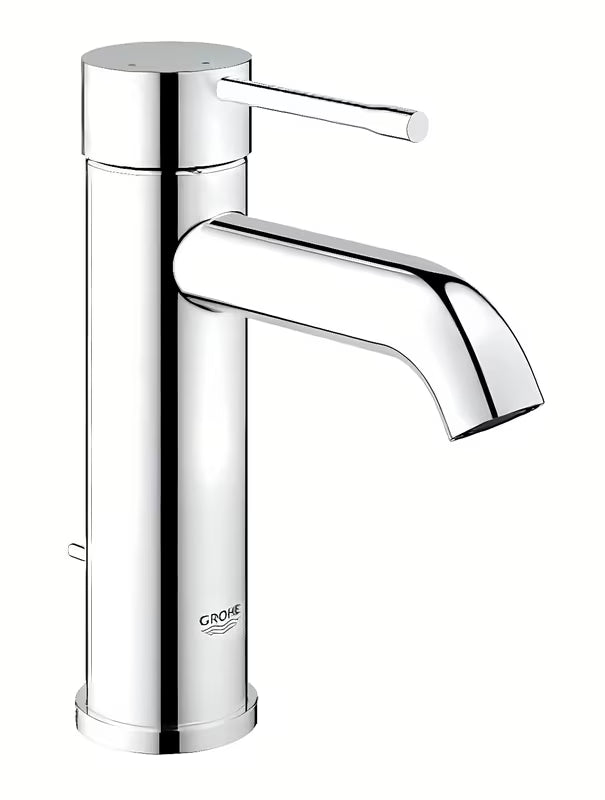 Kromirana enoročna armatura za umivalnik Grohe Essence New z odtočnim kompletom in varčnimi tehnologijami.