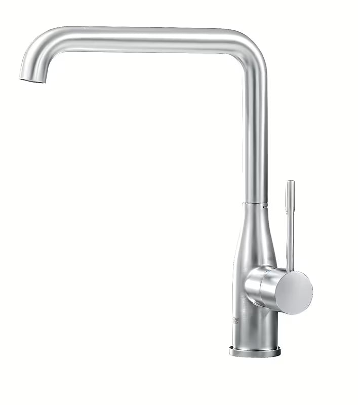 Kuhinjska armatura za pomivalno korito Grohe Essence New z visokim vrtljivim izlivom v izvedbi supersteel.