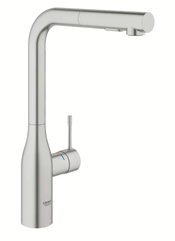 Grohe Essence New armatura za pomivalno korito z visokim vrtljivim izlivom in izvlečno prho v površini supersteel.