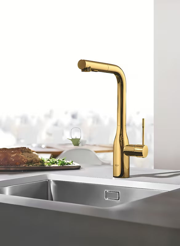 Grohe Essence New armatura za pomivalno korito v barvi cool sunrise z visokim vrtljivim izlivom in izvlečno prho
