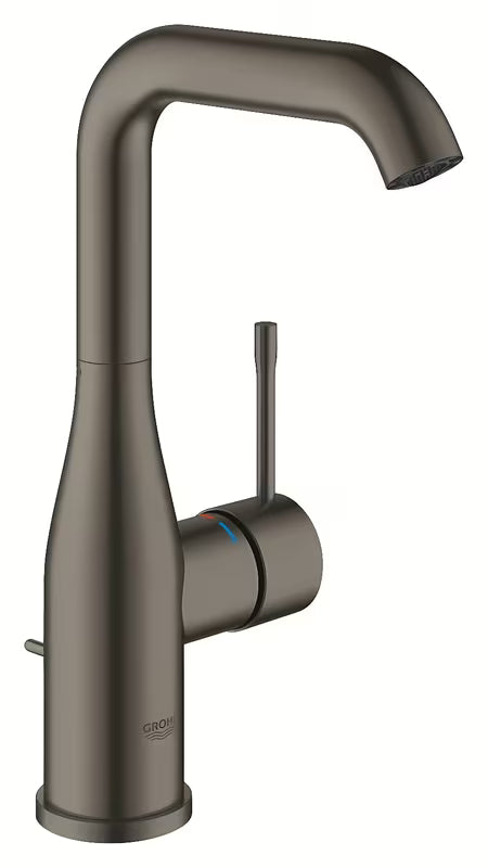 Visoka enoročna armatura za umivalnik Grohe Essence New v površinski obdelavi brushed hard graphite z vrtljivim izlivom.
