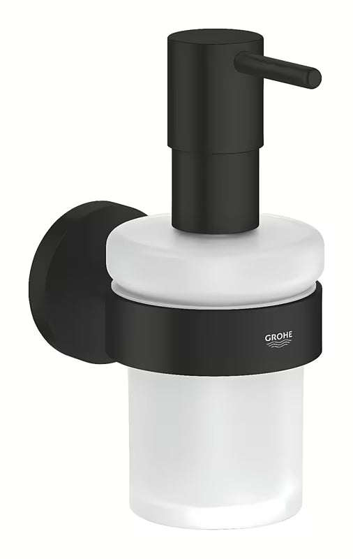 Dozirnik za Milo Grohe Essentials v mat črni izvedbi s stekleno posodico in kovinskim držalom