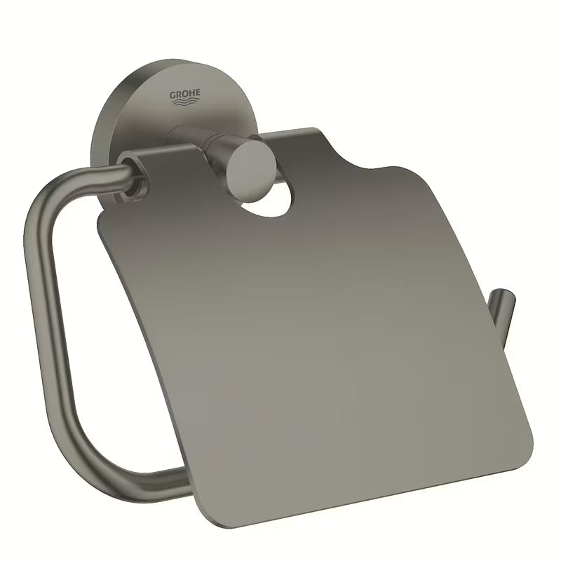 Držalo za toaletni Papir Grohe Essentials s pokrovom v izvedbi Brushed Hard Graphite s skritim pritrjevanjem.