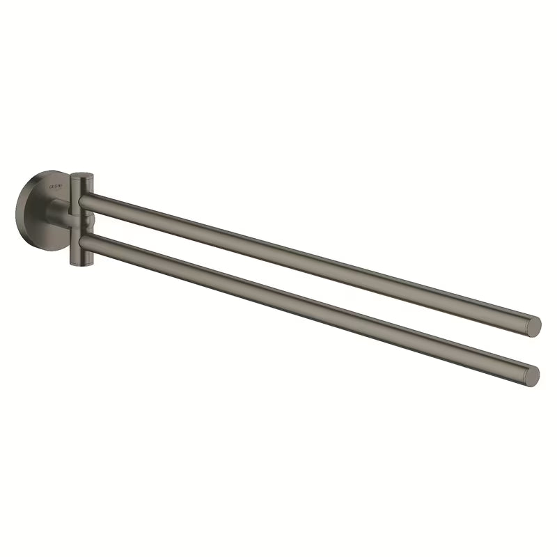 Vrtljiv držalo za brisače Grohe Essentials v izvedbi Brushed Hard Graphite z dvema ročajema in skritim pritrjevanjem.