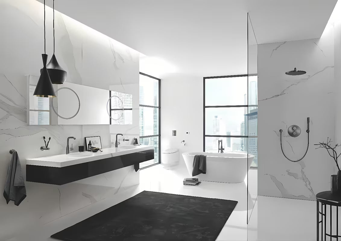 Dozirnik za Milo Grohe Essentials brez držala s stekleno posodico in površino Grohe StarLight v izvedbi hard graphite.