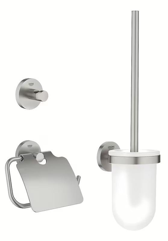 Komplet kopalniških dodatkov Grohe Essentials v izvedbi supersteel s kavljem, držalom za papir in WC školjka krtačo
