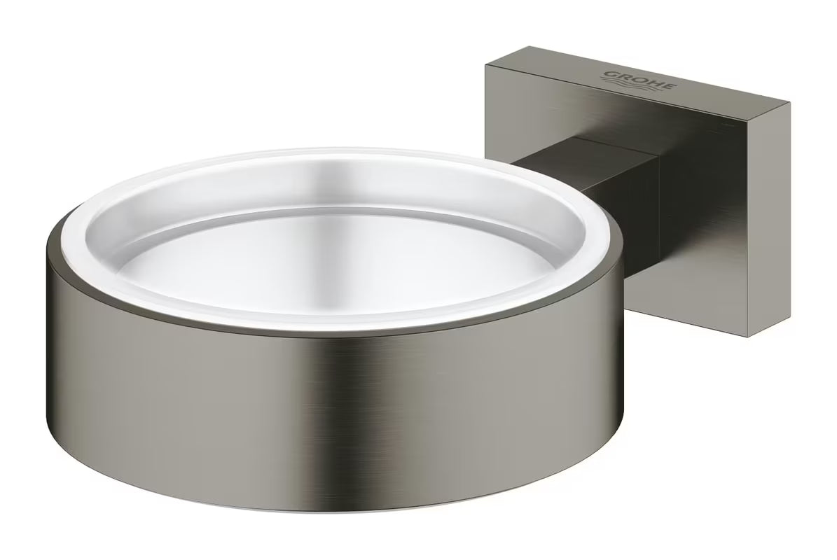 Grohe Essentials Cube držalo za kozarec brez kozarca v krtačeni izvedbi Hard Graphite s skritim pritrjevanjem.