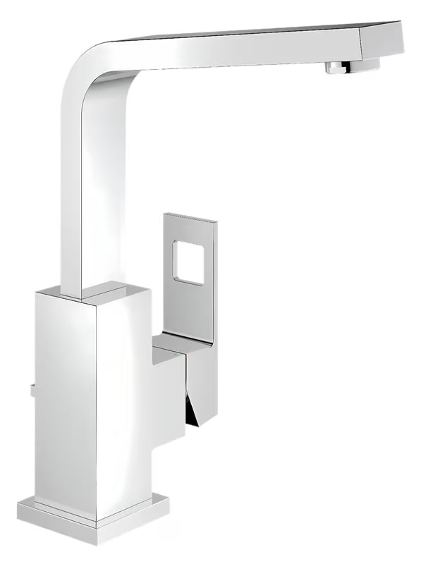 Kromiran armatura za pomivalno korito Grohe Eurocube z visokim vrtljivim izlivom v oglati izvedbi.